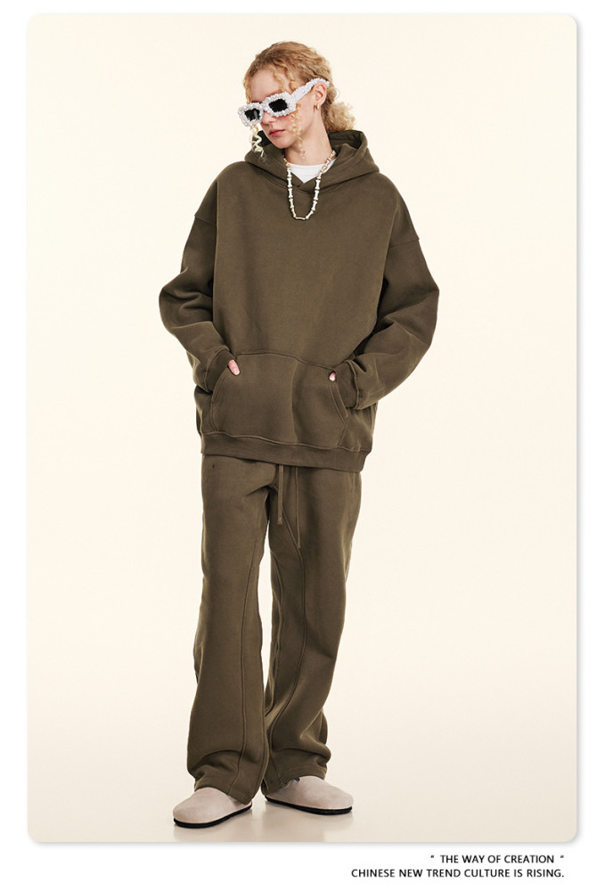 Autumn solid color casual loose plus size thick hooded sweatshirt with fleece lining for men's trendy