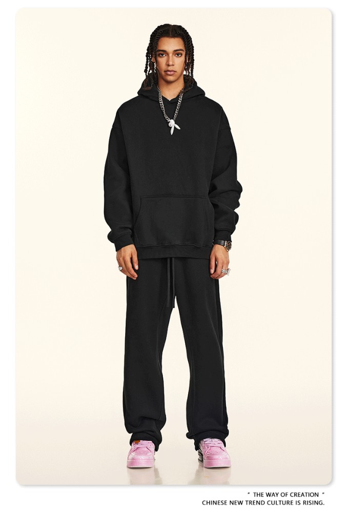 Autumn solid color casual loose plus size thick hooded sweatshirt with fleece lining for men's trendy