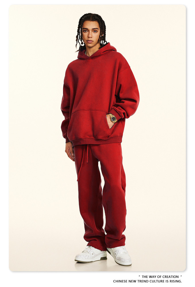 Autumn solid color casual loose plus size thick hooded sweatshirt with fleece lining for men's trendy