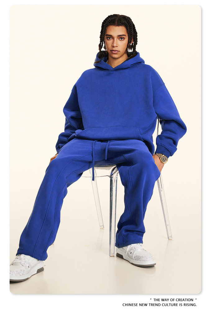 Autumn solid color casual loose plus size thick hooded sweatshirt with fleece lining for men's trendy