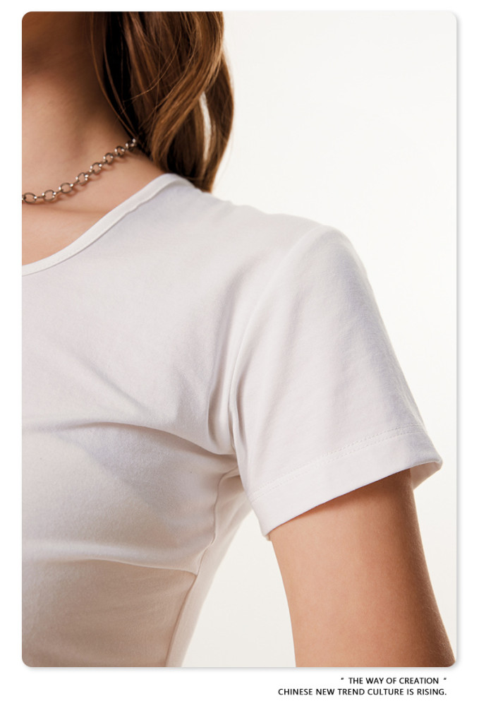 Summer solid color square neck short-sleeved T-shirt, sexy, waist-slimming, European and American style U-neck top for women.