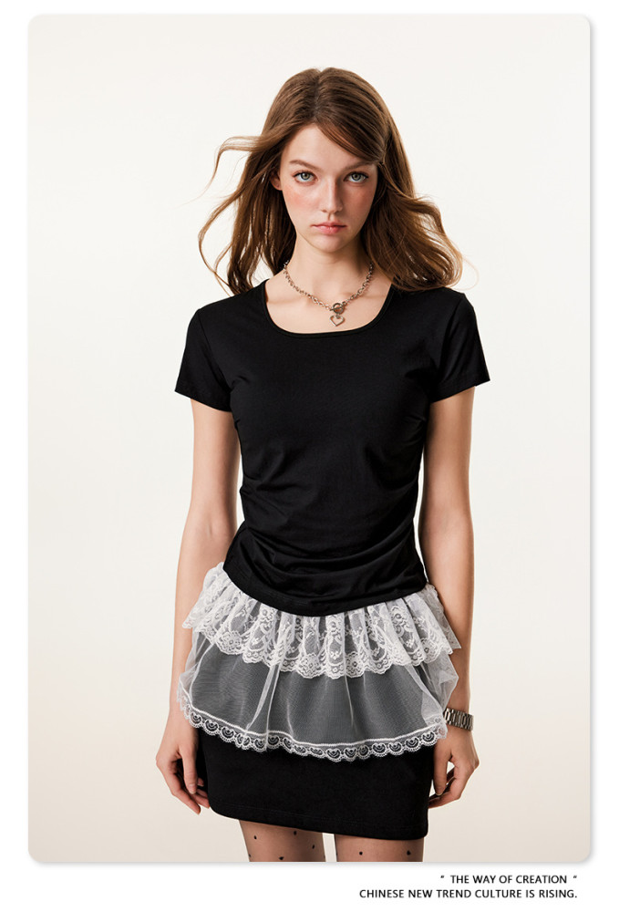 Summer solid color square neck short-sleeved T-shirt, sexy, waist-slimming, European and American style U-neck top for women.