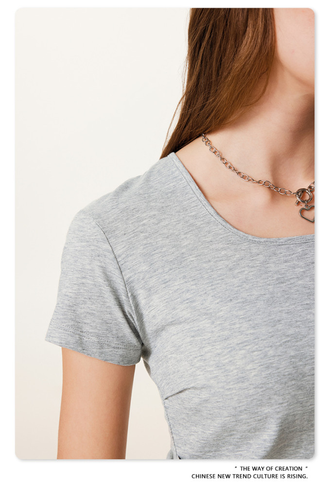 Summer solid color square neck short-sleeved T-shirt, sexy, waist-slimming, European and American style U-neck top for women.