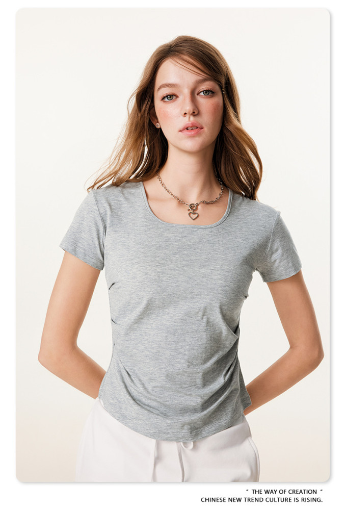 Summer solid color square neck short-sleeved T-shirt, sexy, waist-slimming, European and American style U-neck top for women.