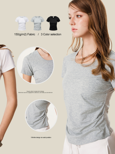 Summer solid color square neck short-sleeved T-shirt, sexy, waist-slimming, European and American style U-neck top for women.