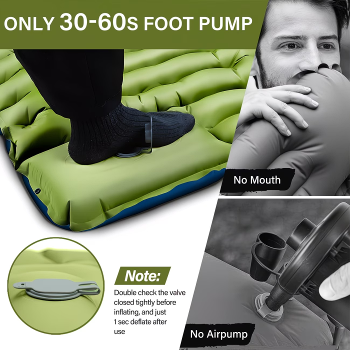 Camping sleeping mat, ultra light camping mat with pillow, built-in foot pump, inflatable sleeping mat compact, suitable for camping backpacks, hiking tents