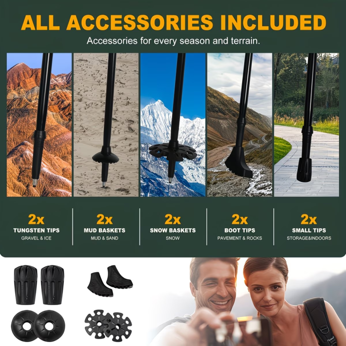 2pcs - Ultra lightweight aluminum alloy folding hiking poles, portable, can be stored in backpacks, equipped with all terrain accessories, snow and mud supports, suitable for hiking, mountaineering, assisted walking, easy and effortless