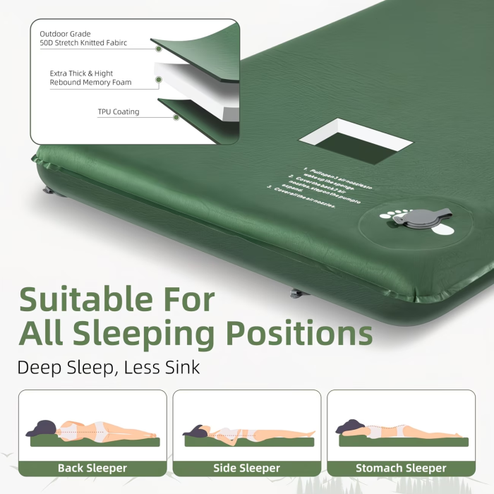 2.76-inch self inflating camping sleeping mat, camping mattress, 9.5R value all year round warm and thick memory cotton mattress, built-in foot pump and pillow, durable air cushion suitable for home, tent, car, travel, hiking, outdoor camping