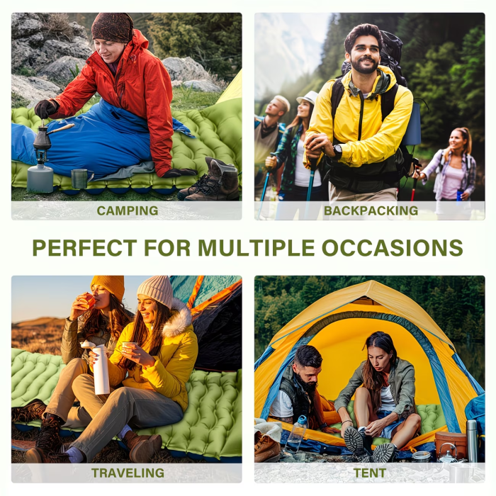 Camping sleeping mat, ultra light camping mat with pillow, built-in foot pump, inflatable sleeping mat compact, suitable for camping backpacks, hiking tents