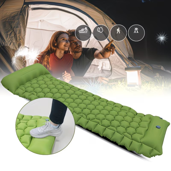 Camping sleeping mat, ultra light camping mat with pillow, built-in foot pump, inflatable sleeping mat compact, suitable for camping backpacks, hiking tents