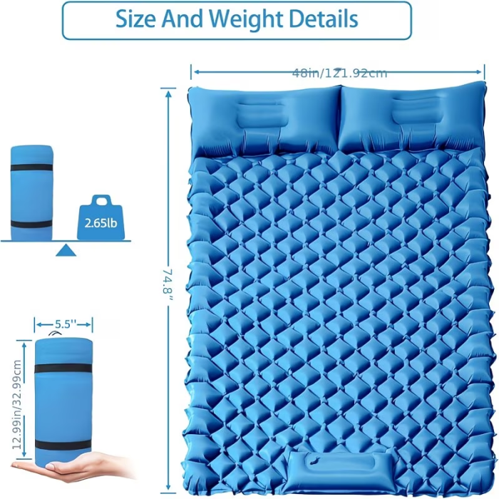 Double layer sleeping mat for outdoor camping, 2 people ultra light inflatable sleeping mat with pillow and built-in foot pump, portable waterproof and durable camping mattress suitable for tents, backpacks, hiking