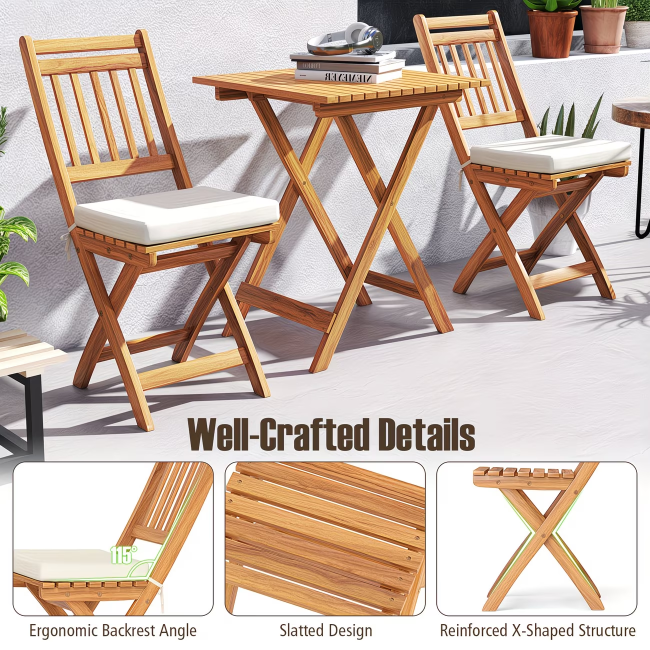 COSTWAY Outdoor Wooden Tavern Table and Chair Set, Folding Chair and Table Set with Comfortable Cushion, Acrylic Wooden High Back Armless Chair, Courtyard Table Set with Table and Cushion, Suitable for Backyard and Pool Side.