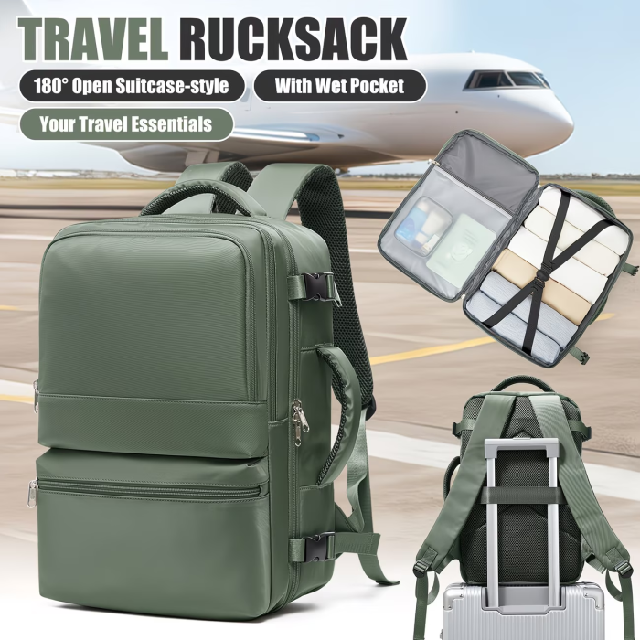 Women's backpack, free shipping backpack, independent laptop compartment, adjustable pressure reducing shoulder strap and breathable back panel, with a pull rod cover to cover the luggage compartment, can be opened 180 °