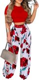 2 Piece Outfits for Women Short Sleeve Crop Top High Waist Wide Leg Long Pant Sets Tracksuit Sport Set