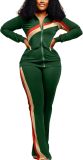 2 Piece Outfits for Women Long Sleeve Striped Zipup Jacket Wide Leg Long Pant Retro Tracksuit Sport Set Wine Red
