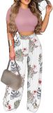 2 Piece Outfits for Women Short Sleeve Crop Top High Waist Wide Leg Long Pant Sets Tracksuit Sport Set