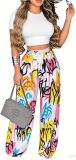 2 Piece Outfits for Women Short Sleeve Crop Top High Waist Wide Leg Long Pant Sets Tracksuit Sport Set