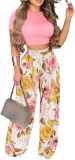 2 Piece Outfits for Women Short Sleeve Crop Top High Waist Wide Leg Long Pant Sets Tracksuit Sport Set
