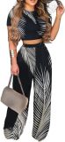 2 Piece Outfits for Women Short Sleeve Crop Top High Waist Wide Leg Long Pant Sets Tracksuit Sport Set