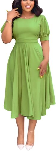Summer Dresses for Women Semi-Formal Fit Casual Slim Short Puff Sleeve O-Neck Elegant Swing A Line Maxi Dresses