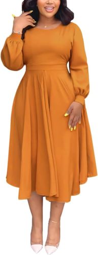 Fall Dresses for Women Semi-Formal Fit Casual Slim Long Puff Sleeves O-Neck Elegant Swing A Line Maxi Dresses