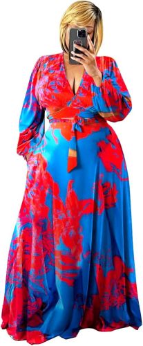 Plus Size Women's 2 Piece Outfits Casual Long Sleeve Wrap Crop Top Maxi Long Dress Flowy Matching Sets