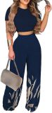 2 Piece Outfits for Women Short Sleeve Crop Top High Waist Wide Leg Long Pant Sets Tracksuit Sport Set