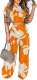 2 Piece Outfits for Women Short Sleeve Crop Top High Waist Wide Leg Long Pant Sets Tracksuit Sport Set