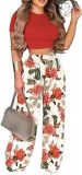 2 Piece Outfits for Women Short Sleeve Crop Top High Waist Wide Leg Long Pant Sets Tracksuit Sport Set