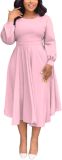 Fall Dresses for Women Semi-Formal Fit Casual Slim Long Puff Sleeves O-Neck Elegant Swing A Line Maxi Dresses
