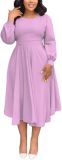 Fall Dresses for Women Semi-Formal Fit Casual Slim Long Puff Sleeves O-Neck Elegant Swing A Line Maxi Dresses