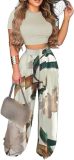 2 Piece Outfits for Women Short Sleeve Crop Top High Waist Wide Leg Long Pant Sets Tracksuit Sport Set