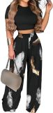 2 Piece Outfits for Women Short Sleeve Crop Top High Waist Wide Leg Long Pant Sets Tracksuit Sport Set