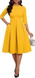 Fall Dresses for Women Semi-Formal Fit Casual Slim Mid Sleeves O-Neck Elegant Swing A Line Midi Dresses