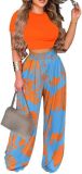 2 Piece Outfits for Women Short Sleeve Crop Top High Waist Wide Leg Long Pant Sets Tracksuit Sport Set