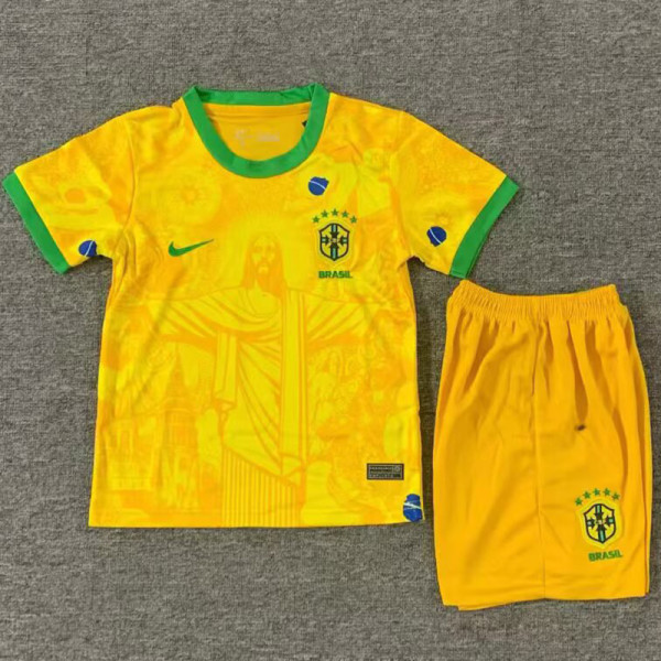 25/26 Brazil Yellow Jesus Statu Kids  Soccer Jersey