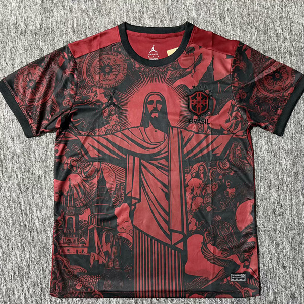 2025 Brazil Christ statue Red &Black Fans Soccer Jersey（黑纹）