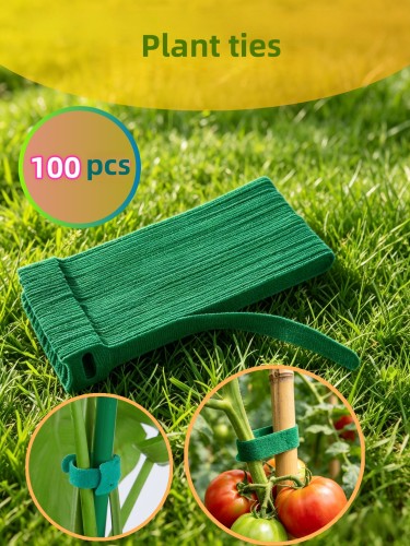 Green, reusandable, pack of 100, adjustable anti-slip nylon plant ties with hook--loop fasteners - perfect for supporting climbing plants and tying Christmas wreaths