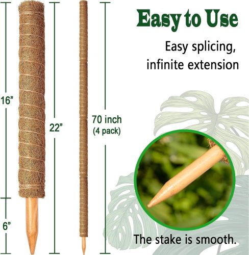 Stackable moss pole plants moss pole, suitable for Monstera, 70-inch tall climbing plant indoor moss pole, coconut fiber plant support pole, suitable for potted plants, pothos