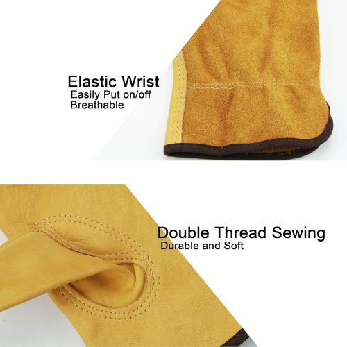 Leather work gloves with elastic grip, durable cowhide, gardening gloves suitable for wood cutting, construction, driving, and gardening. Unisex design with elastic grip, key thumb, elastic wrist, and breathable unlined interior. Comfortable for yard work, chopping wood, landscaping, and farming.
