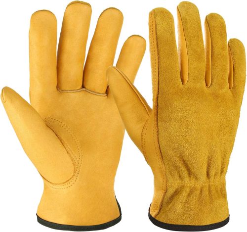 Leather work gloves with elastic grip, durable cowhide, gardening gloves suitable for wood cutting, construction, driving, and gardening. Unisex design with elastic grip, key thumb, elastic wrist, and breathable unlined interior. Comfortable for yard work, chopping wood, landscaping, and farming.