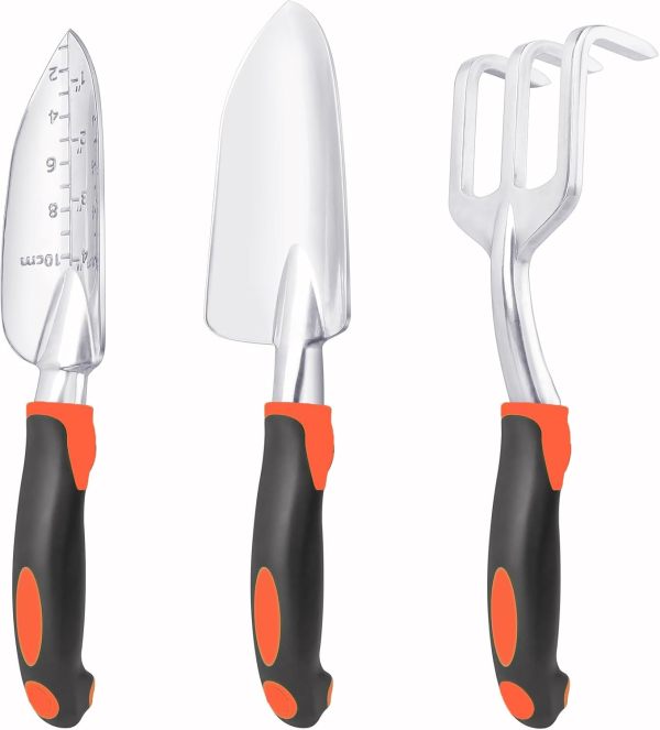 Gardening tool set, 3-piece heavy-duty gardening tools set, including a garden trowel, transplanting trowel, and hand rake, with ergonomic handles, made of aluminum alloy for lawn use.