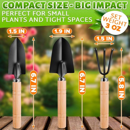 Mini indoor gardening tools, mini shovel, trowel, and hand rake, suitable for small gardening tasks like potted plants, bonsai, and succulents; rust-resistant heads; wooden handles; great for repotting and loosening soil.