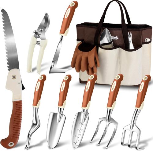 Gardening tool set, 10-piece heavy-duty gardening hand tool set, aluminum with non-slip ergonomic handles, comes with a storage tote and gardening gloves, an ideal gift for men and women