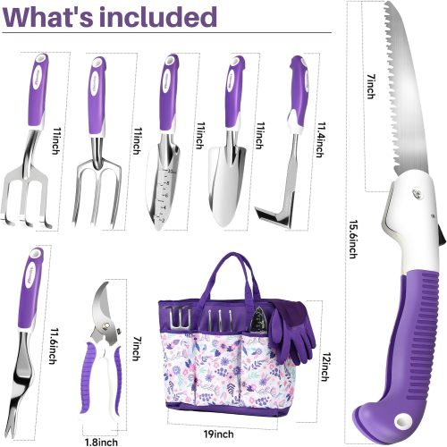 Garden tool set, 10-piece heavy-duty gardening tool set, women's gardening gift set, aluminum non-slip ergonomic handles, comes with storage tote bag and gloves, gardening supplies for men and women (purple)