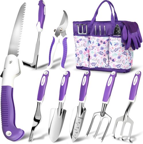 Garden tool set, 10-piece heavy-duty gardening tool set, women's gardening gift set, aluminum non-slip ergonomic handles, comes with storage tote bag and gloves, gardening supplies for men and women (purple)