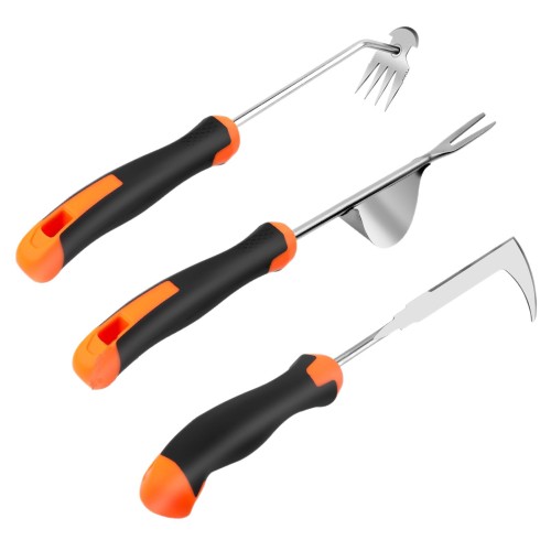Manual weeding tool, rubber-handled manual weed puller, root-removing weeding tool, crack weeder, four-prong weeding tool, gardening weeding gadget (3-piece set)