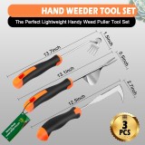 Manual weeding tool, rubber-handled manual weed puller, root-removing weeding tool, crack weeder, four-prong weeding tool, gardening weeding gadget (3-piece set)