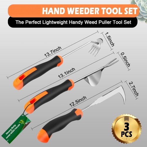Manual weeding tool, rubber-handled manual weed puller, root-removing weeding tool, crack weeder, four-prong weeding tool, gardening weeding gadget (3-piece set)