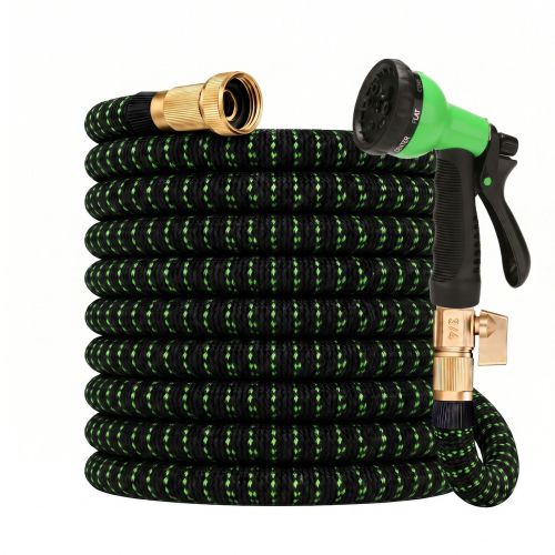 8-function nozzle hose, lightweight and retractable garden hose, tangle-free, 3/4 inch solid brass fittings, double-layer latex core - black and green
